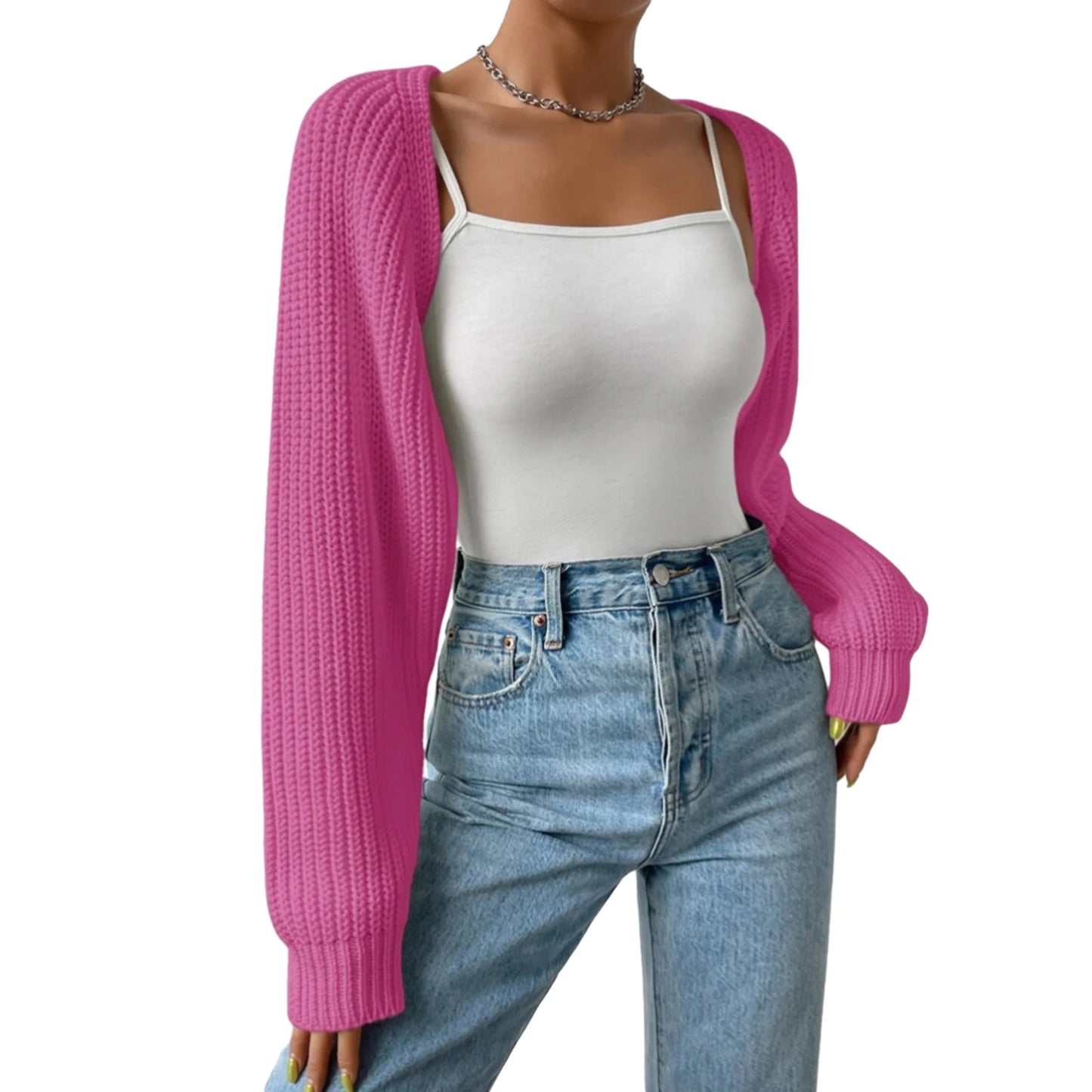 Women's Open Front Cropped Cardigan – Long Sleeve Ribbed Knit Shrug