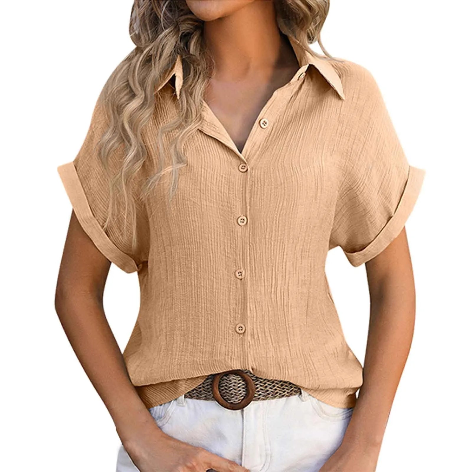 Summer Solid Color Shirts Women Cotton Linen Rolled Up Short Sleeve Slim Fit Tops Mujer Beach Style Leisure Buttons Up Blouse - The Eggy's store