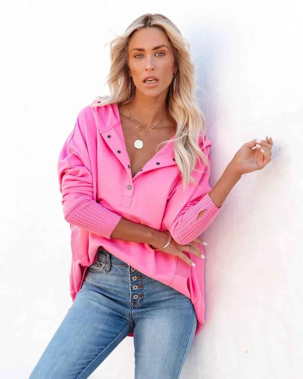 Casual Loose White Women Sweatshirt V-neck Hooded Batwing Sleeve Hoodie Top For Women Pullovers