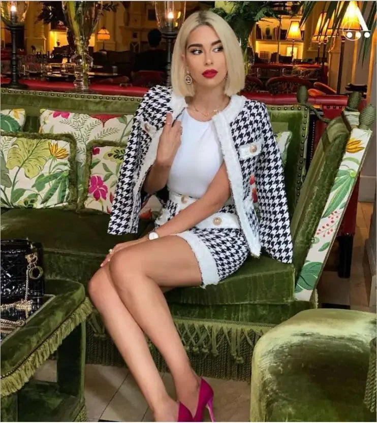 Houndstooth Skirt Suit - Two-Piece Blazer Set