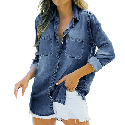 Women's Vintage Denim Shirt Turn Down Collar Long Sleeve Oversized Blouse with Pockets for Office Lady Commuter Retro Outfits