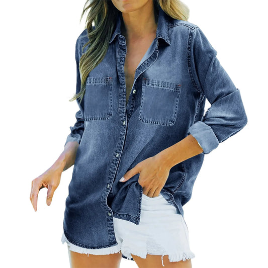 Women's Vintage Denim Shirt Turn Down Collar Long Sleeve Oversized Blouse with Pockets for Office Lady Commuter Retro Outfits