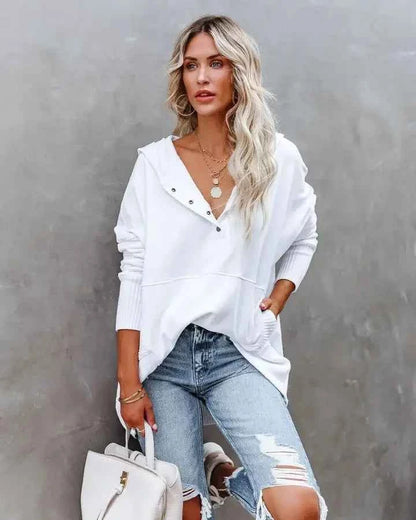 Casual Loose White Women Sweatshirt V-neck Hooded Batwing Sleeve Hoodie Top For Women Pullovers