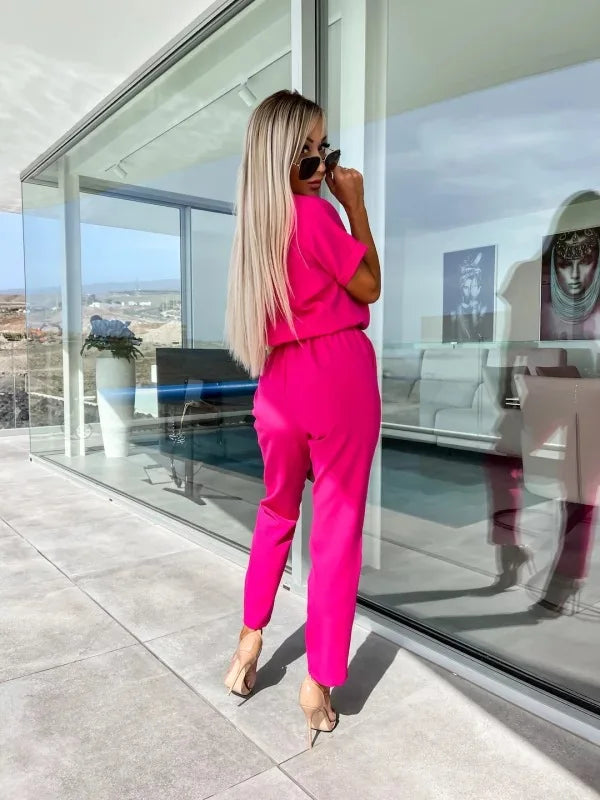 Women's Summer Jumpsuit Solid Color Short Sleeve V-neck Pocket Lace-up Pencil Long Pants - The Eggy's store