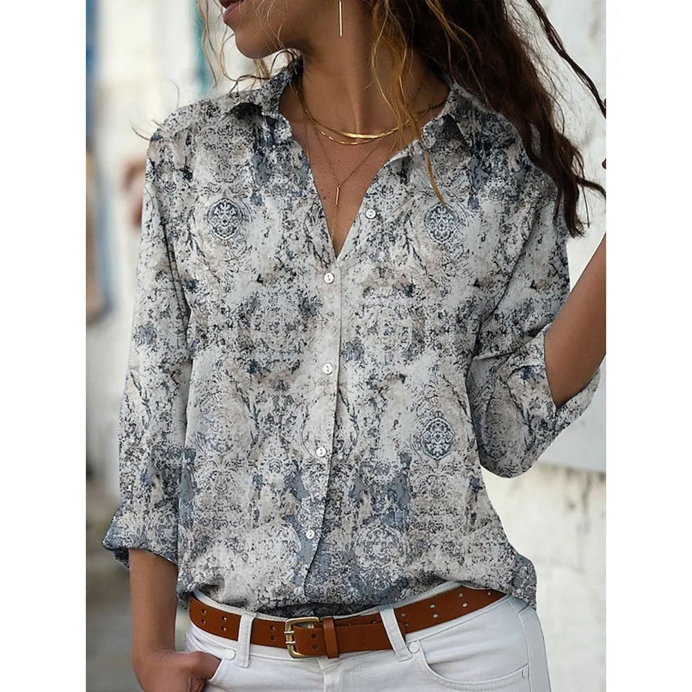 New Plus Size Floral Long Sleeve Blouse with Button Detail for Women
