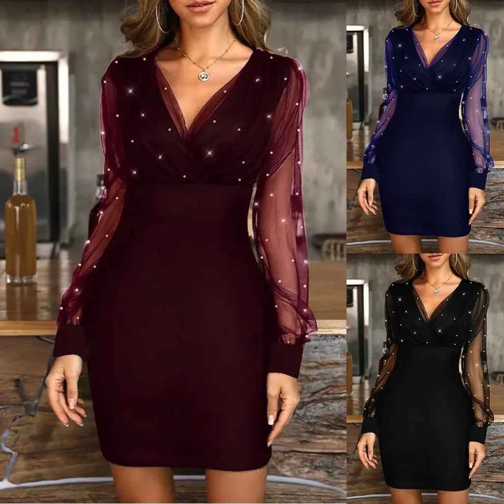 Fashion Evening Dress Wonen Cocktail Party Sexy Retro Elegant Dress With Sequins Female See Through Long Sleeve Wrap Hip Dress