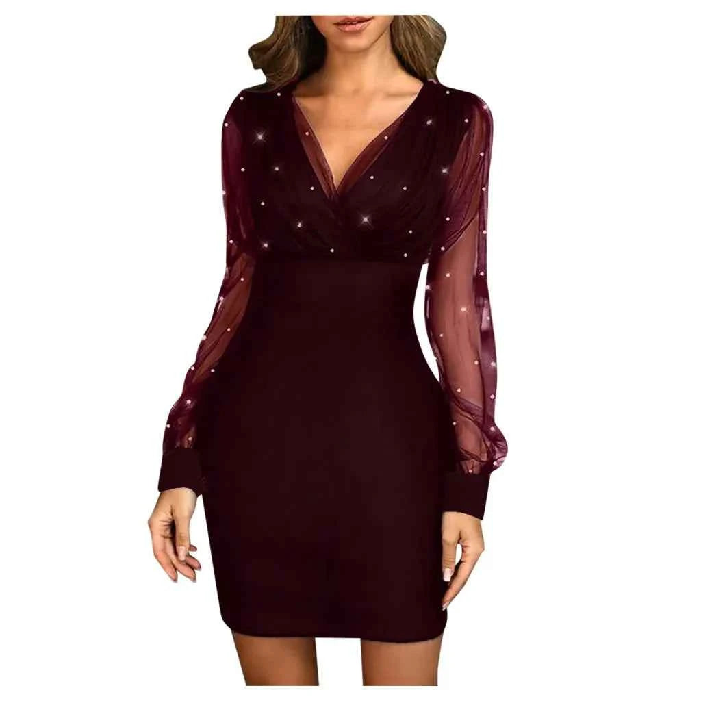 Fashion Evening Dress Wonen Cocktail Party Sexy Retro Elegant Dress With Sequins Female See Through Long Sleeve Wrap Hip Dress