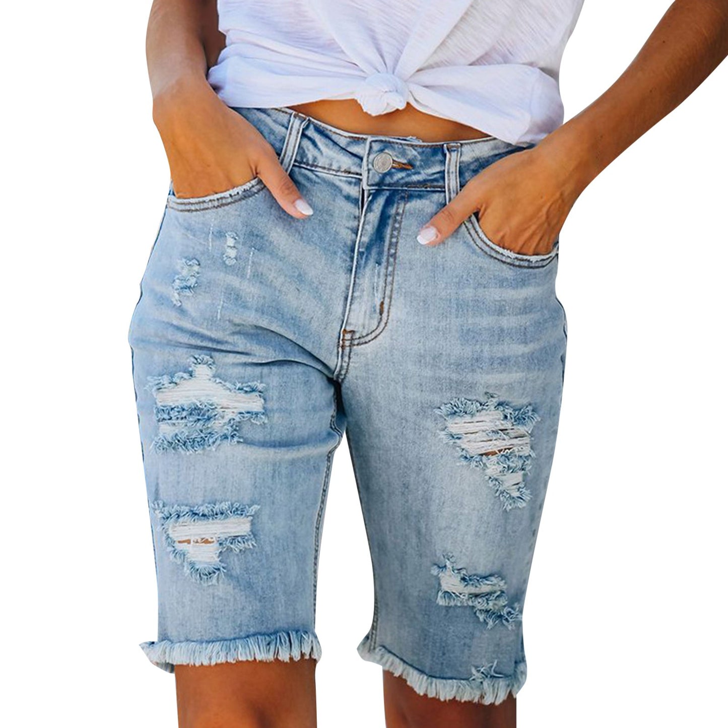 Rhinestone Denim Shorts - Plus Size Frayed Hem