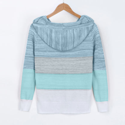 Plus Size 5XL Autumn Winter Women's Pullover Fashion Patchwork Long Sleeve Knit Sweater Tops Women Crochet Hollow Hooded Sweater - The Eggy's store