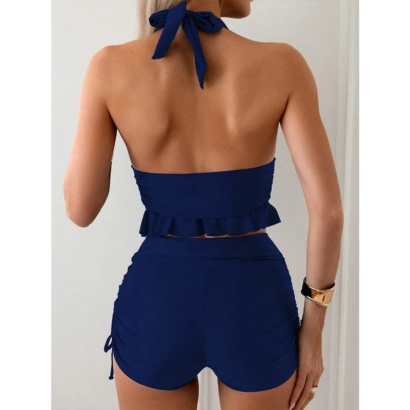 Ruffle Backless Swimsuit Set - Two-Piece with Shorts