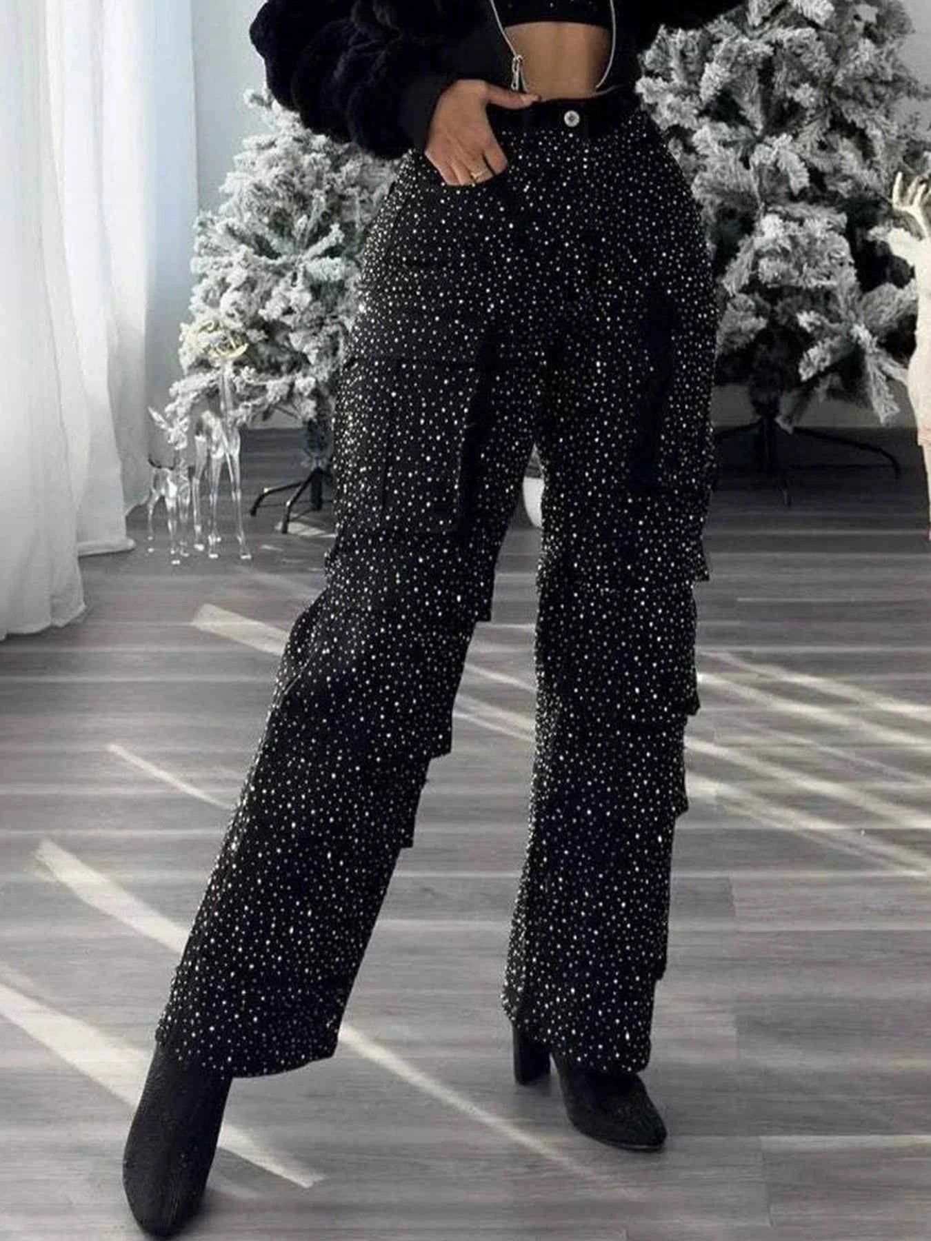 High Waist Black Rhinestone Multi-Pocket Work Jeans, Fashionable Straight Jeans