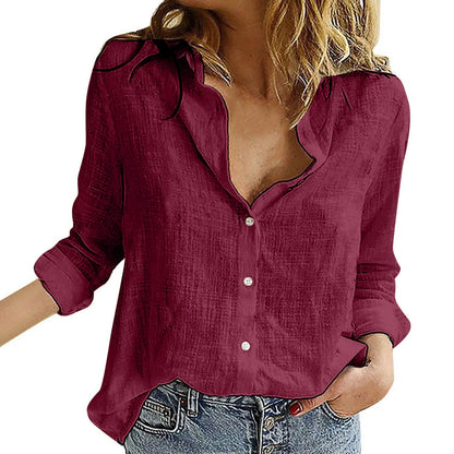 Oversized Linen Cotton Blouse Women's Blouse S-3XL Loose Summer Shirt Turn Down Collar Long Sleeve Solid Color Button Top