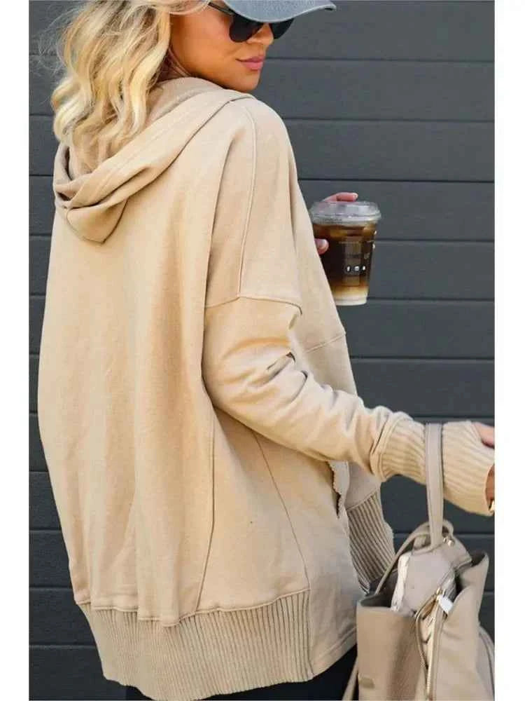 Casual Loose White Women Sweatshirt V-neck Hooded Batwing Sleeve Hoodie Top For Women Pullovers