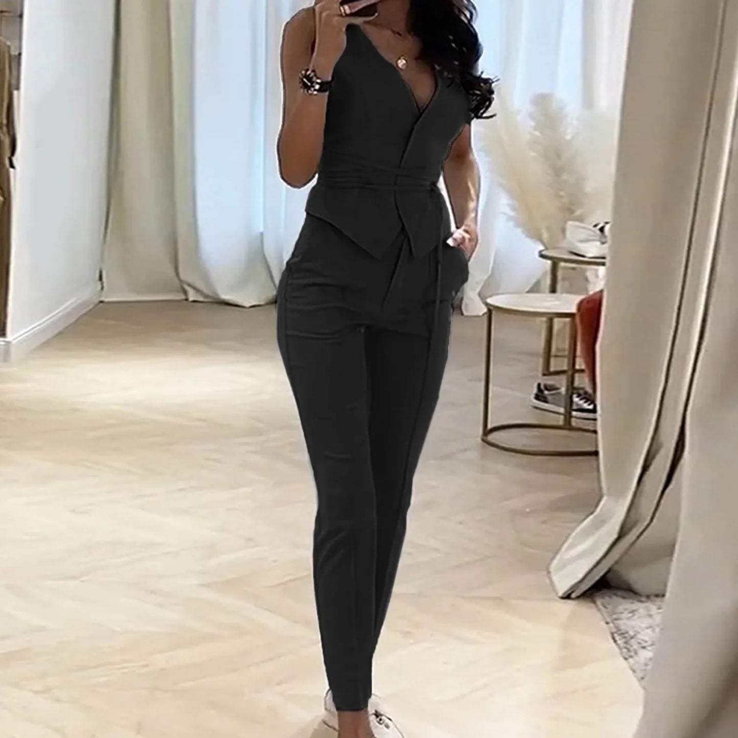 Elegant Pantsuit Set 2 Piece Solid V-Collar Top and Trousers for Women's Fashion Streetwear Summer Outfit - The Eggy's store