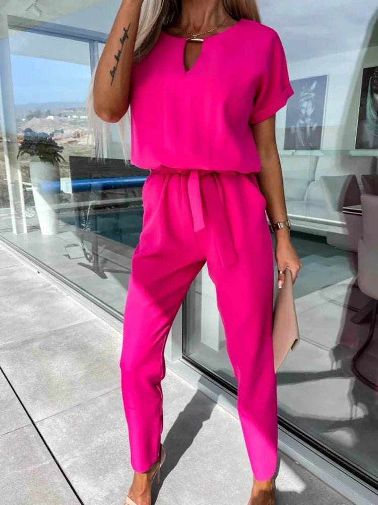 Women's Summer Jumpsuit Solid Color Short Sleeve V-neck Pocket Lace-up Pencil Long Pants - The Eggy's store