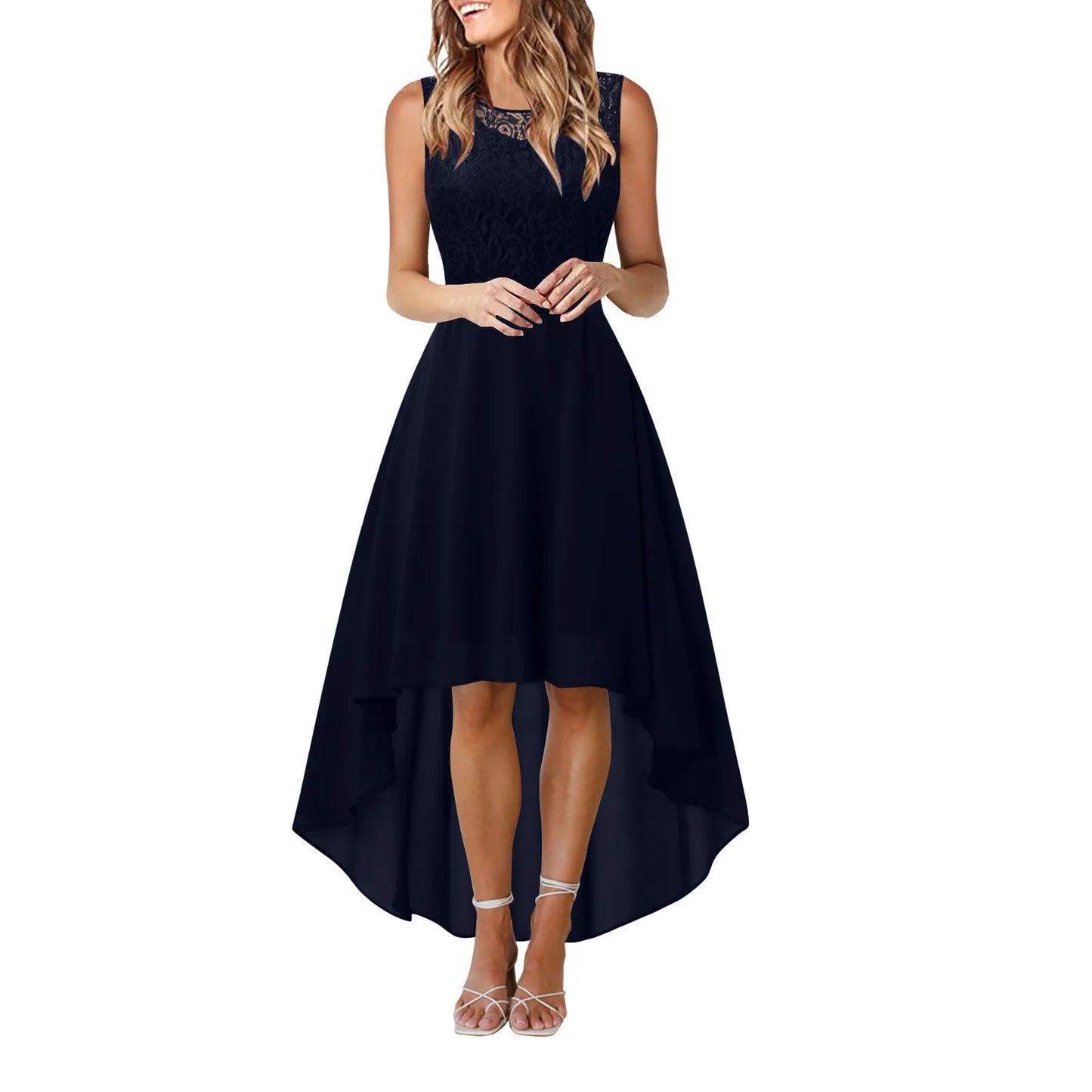 Lace Bow Belt Sleeveless Chiffon A-Line Dress