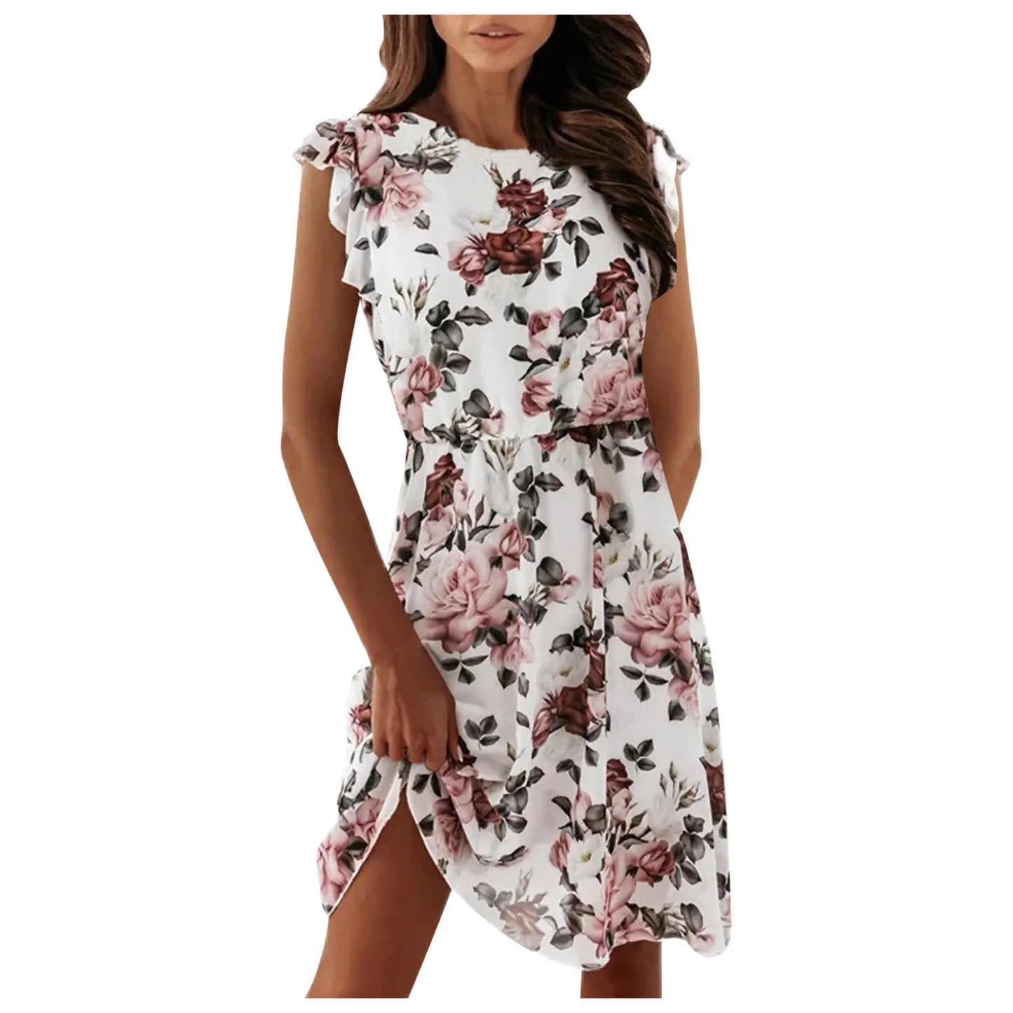 Lace-Up Mini Dress - Chiffon Print Short-Sleeved Ruffled Women's Dress - The Eggy's store