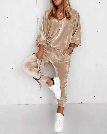 Golden Velvet with Zipper Long-sleeved Jogger Solid Color Casual Suit 2 piece  Set Loungewear