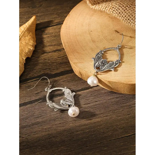 Bohemian Pearl Drop Earrings - Silver Plant Pattern