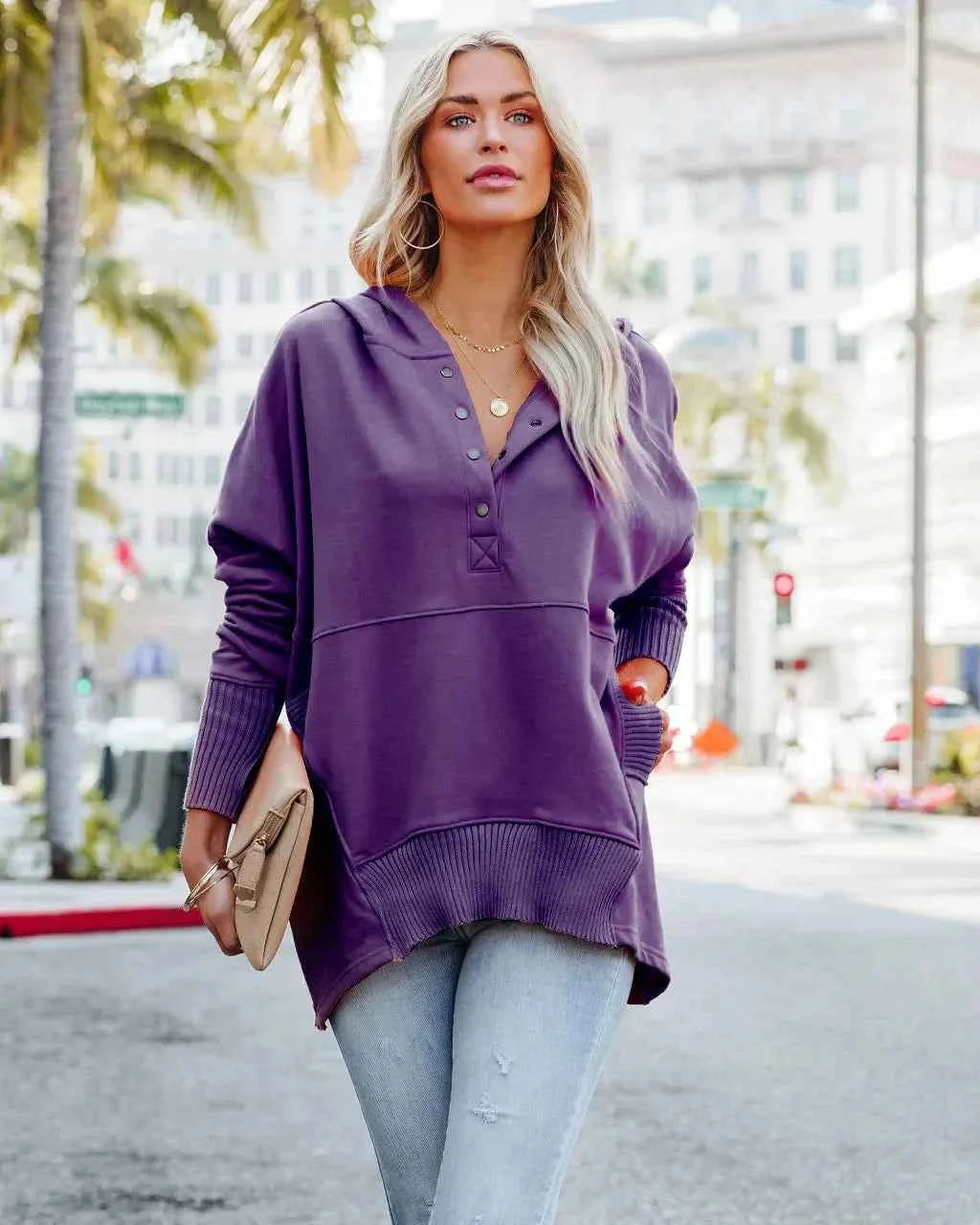 Casual Loose White Women Sweatshirt V-neck Hooded Batwing Sleeve Hoodie Top For Women Pullovers