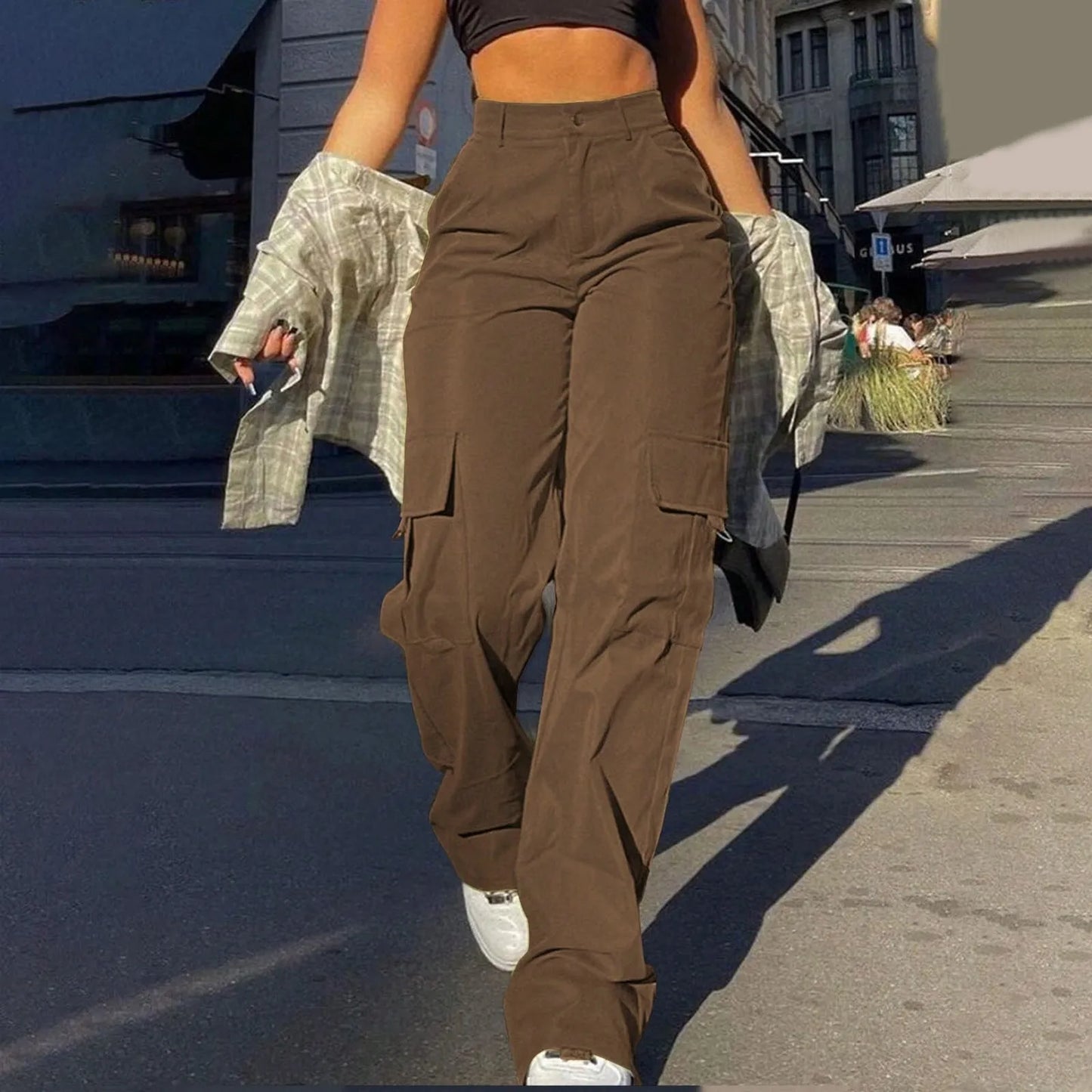 Women's Wide Leg Cargo Pants with Pockets – Casual Straight Leg Trousers