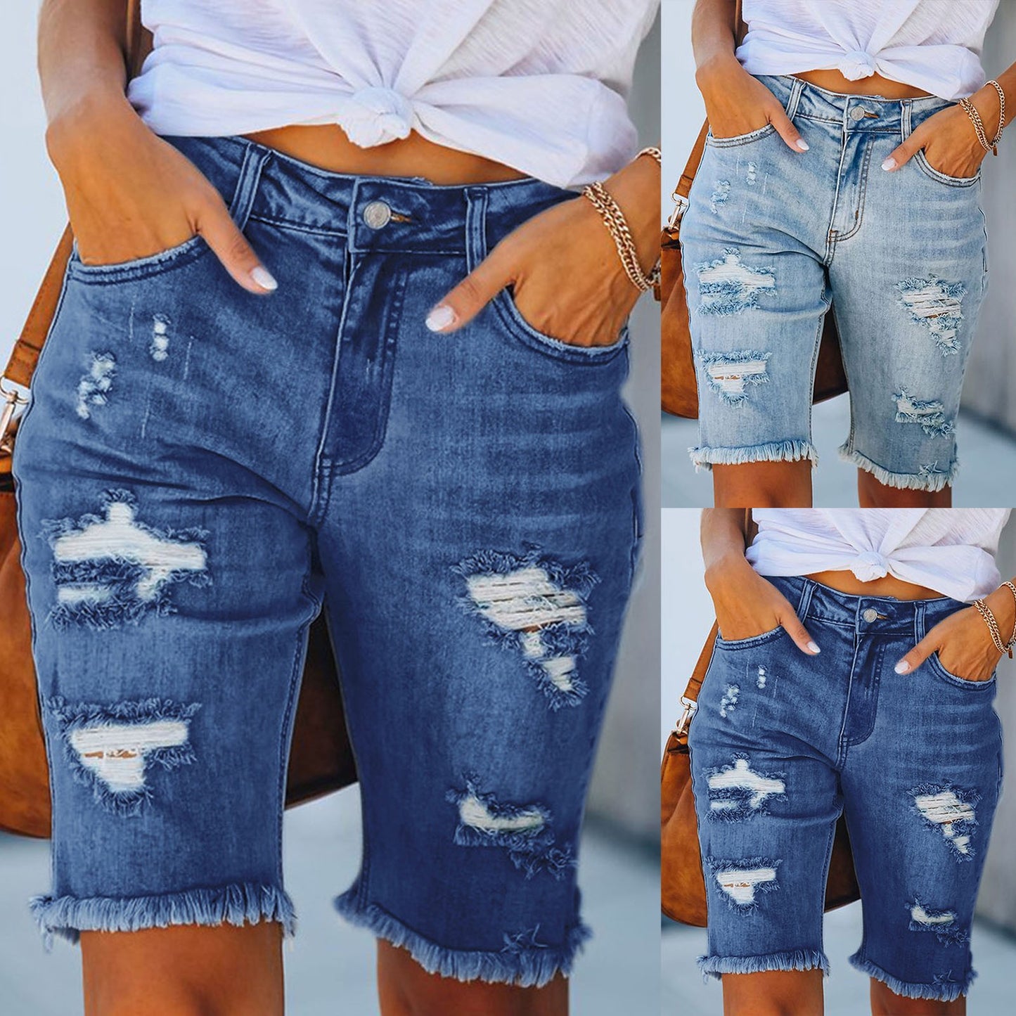 Rhinestone Denim Shorts - Plus Size Frayed Hem