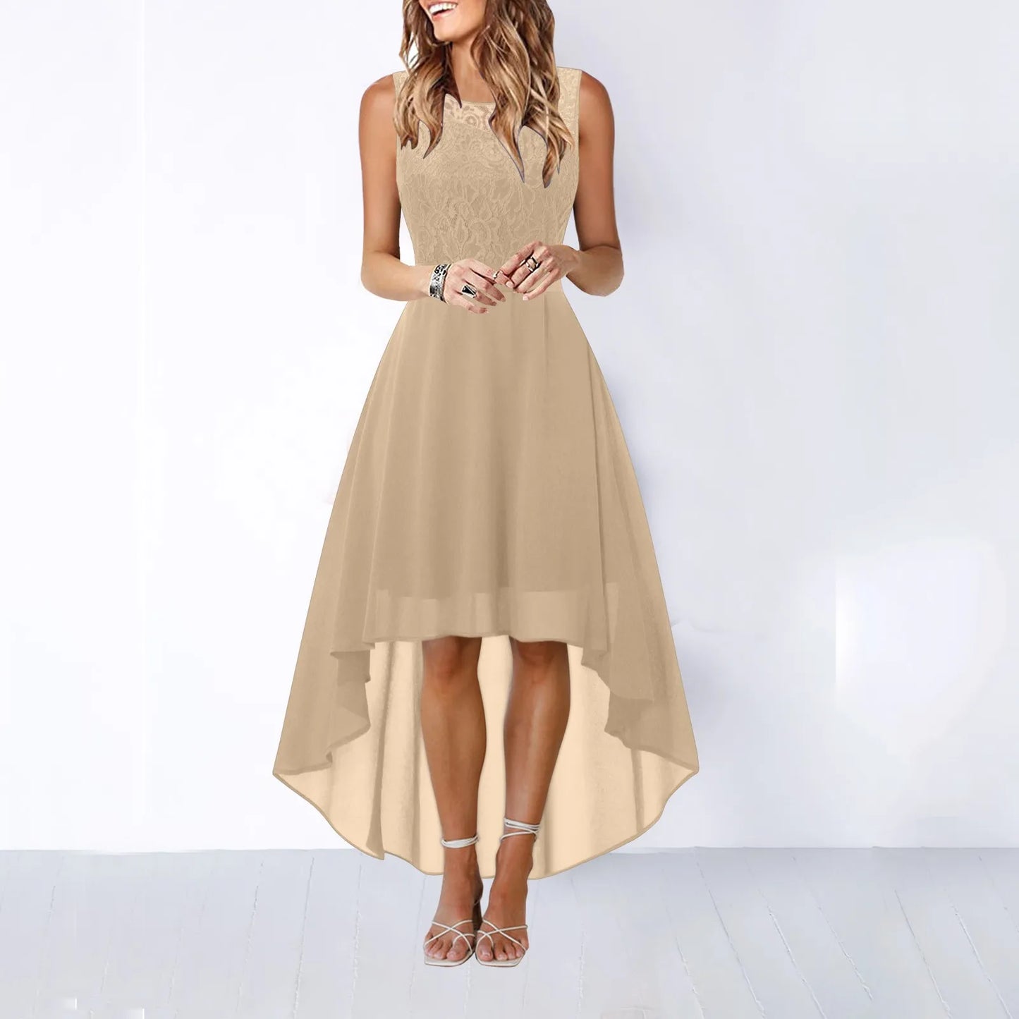 Lace Bow Belt Sleeveless Chiffon A-Line Dress