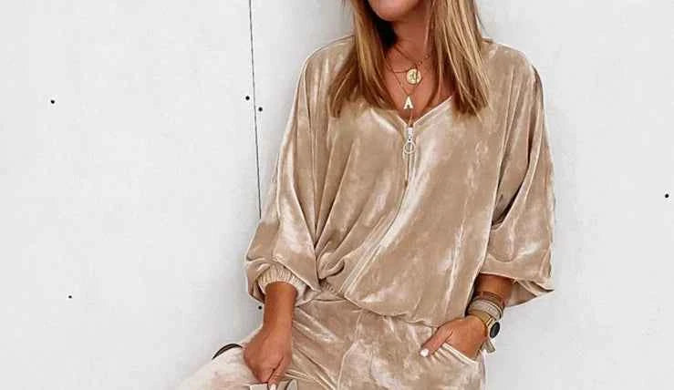 Golden Velvet with Zipper Long-sleeved Jogger Solid Color Casual Suit 2 piece  Set Loungewear