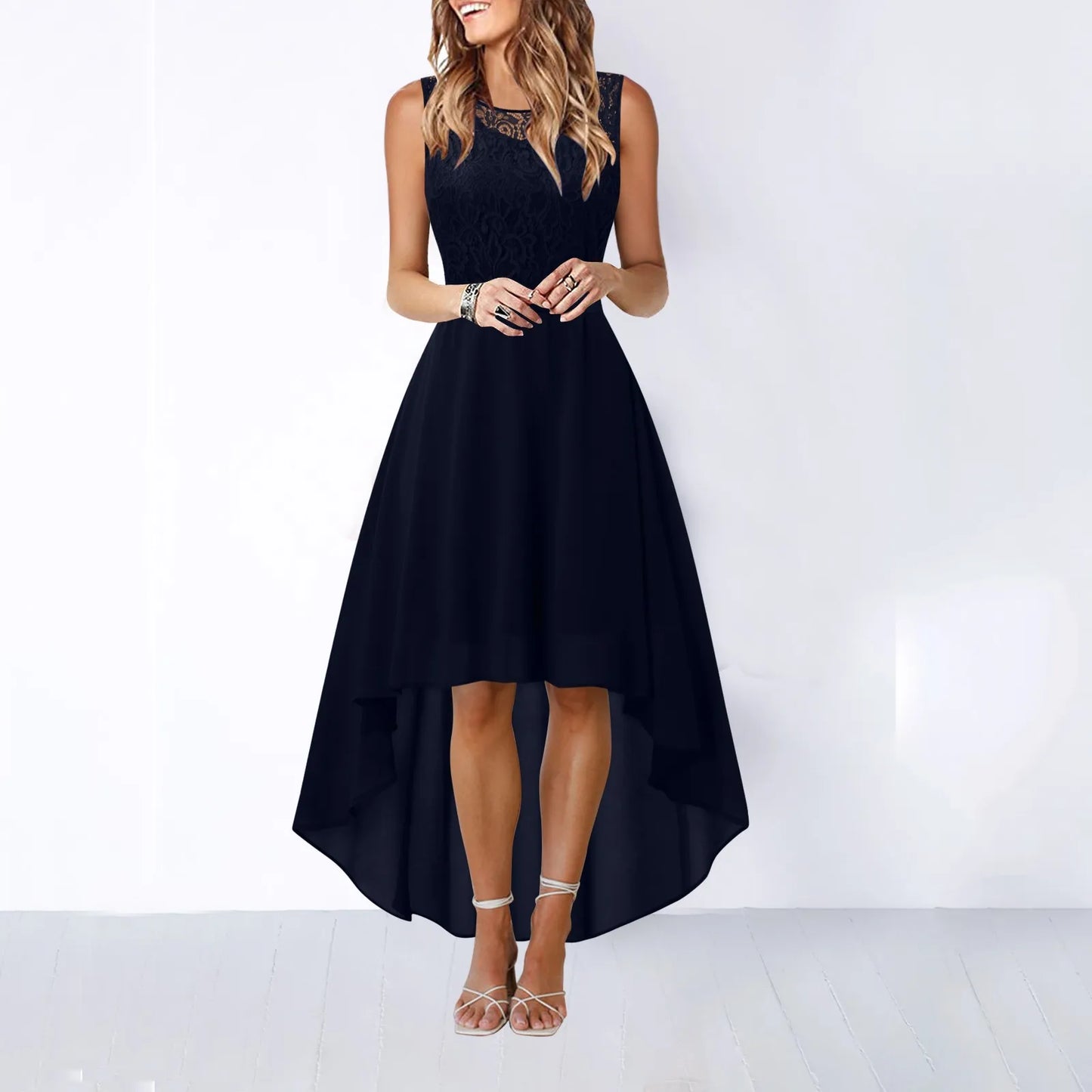 Lace Bow Belt Sleeveless Chiffon A-Line Dress