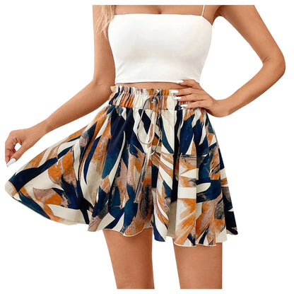 Women's Floral Print Bohemian Shorts with Elastic Waist, Loose Wide Leg, Ruffle Hem