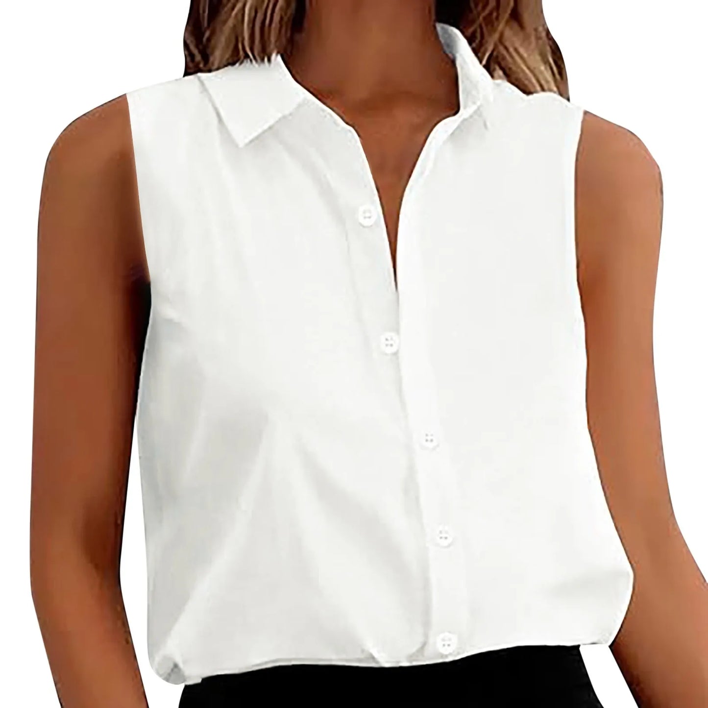 Women's Sleeveless Blouse Button Down Solid Color Casual Loose V Neck Chiffon Top for Work - The Eggy's store