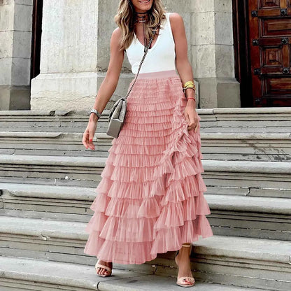 Summer Long Skirt Layered Ruffles Design Elegant Maxi Skirt Women High Street Office Lady Skirts Evening Part A-Line Skirts