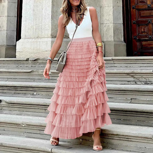 Summer Long Skirt Layered Ruffles Design Elegant Maxi Skirt Women High Street Office Lady Skirts Evening Part A-Line Skirts