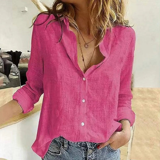 Oversized Linen Cotton Blouse Women's Blouse S-3XL Loose Summer Shirt Turn Down Collar Long Sleeve Solid Color Button Top