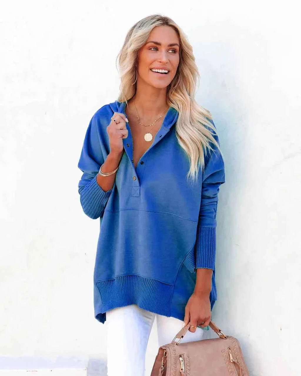 Casual Loose White Women Sweatshirt V-neck Hooded Batwing Sleeve Hoodie Top For Women Pullovers