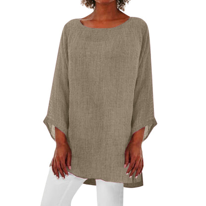 Vintage Cotton Linen Blouse Loose Blouses Summer Shirts Casual Long Sleeve Round Neck Solid Shirt - The Eggy's store