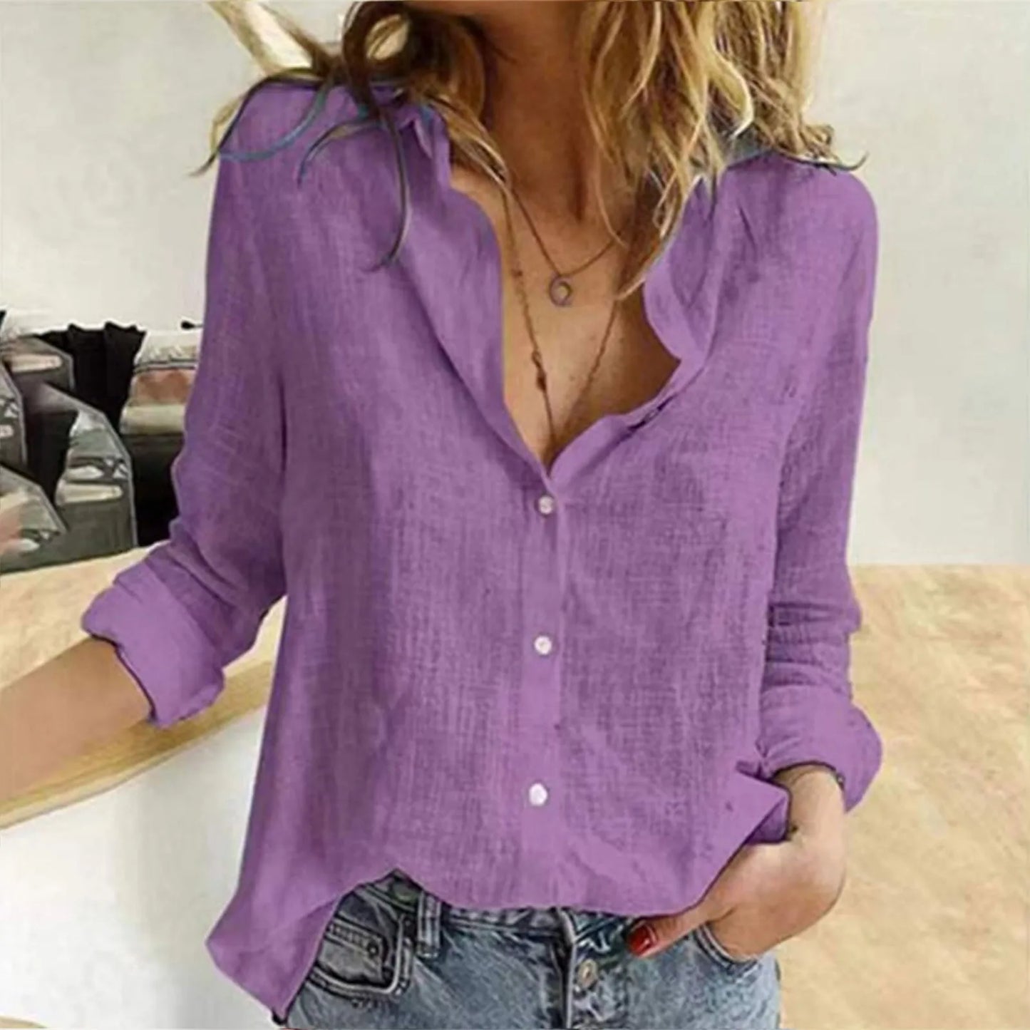 Oversized Linen Cotton Blouse Women's Blouse S-3XL Loose Summer Shirt Turn Down Collar Long Sleeve Solid Color Button Top