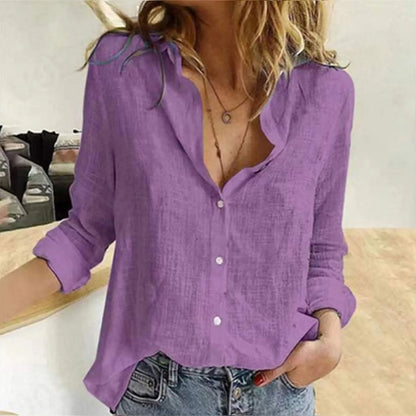 Oversized Linen Cotton Blouse Women's Blouse S-3XL Loose Summer Shirt Turn Down Collar Long Sleeve Solid Color Button Top