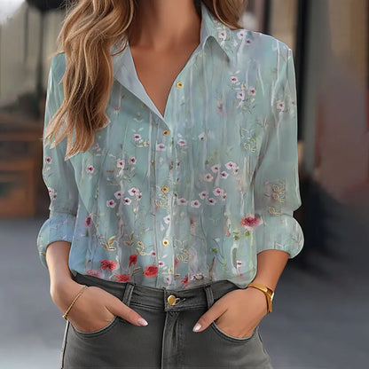 New Plus Size Floral Long Sleeve Blouse with Button Detail for Women