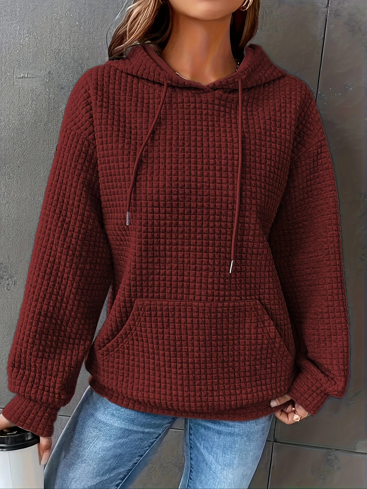 Short Length Waffle Knit Drawstring Hoodie