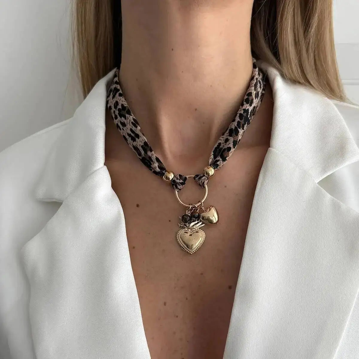 Leopard Print Choker Necklace - Heart Pendant