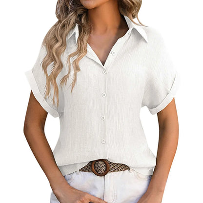 Summer Solid Color Shirts Women Cotton Linen Rolled Up Short Sleeve Slim Fit Tops Mujer Beach Style Leisure Buttons Up Blouse - The Eggy's store