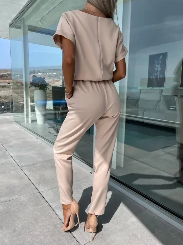 Women's Summer Jumpsuit Solid Color Short Sleeve V-neck Pocket Lace-up Pencil Long Pants - The Eggy's store