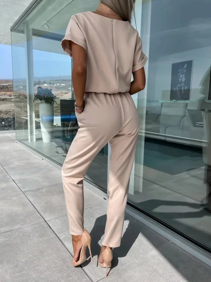 Women's Summer Jumpsuit Solid Color Short Sleeve V-neck Pocket Lace-up Pencil Long Pants - The Eggy's store