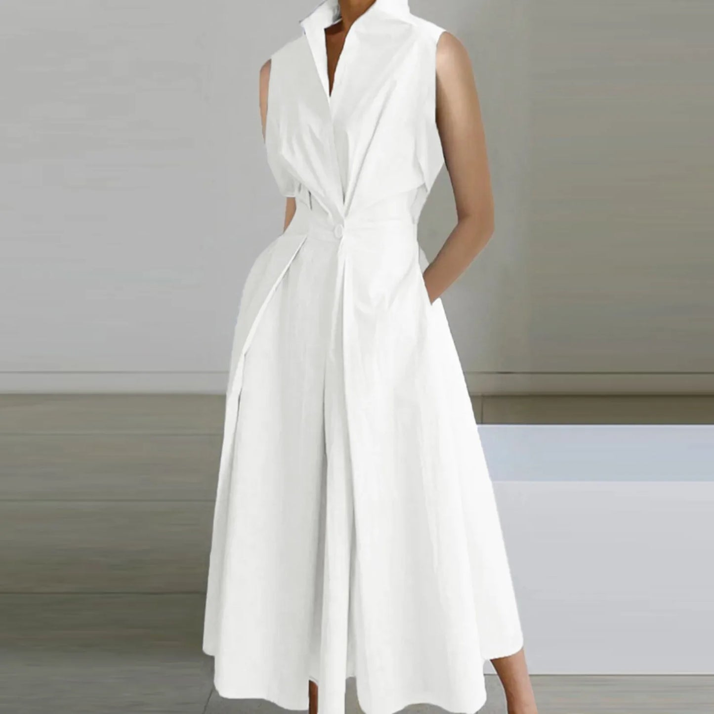 Sleeveless Button Ruched Dress