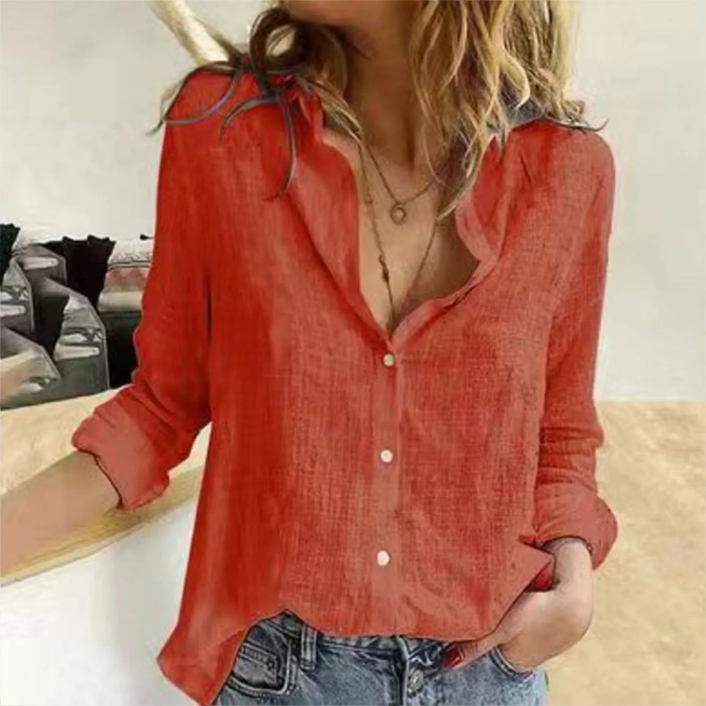 Oversized Linen Cotton Blouse Women's Blouse S-3XL Loose Summer Shirt Turn Down Collar Long Sleeve Solid Color Button Top
