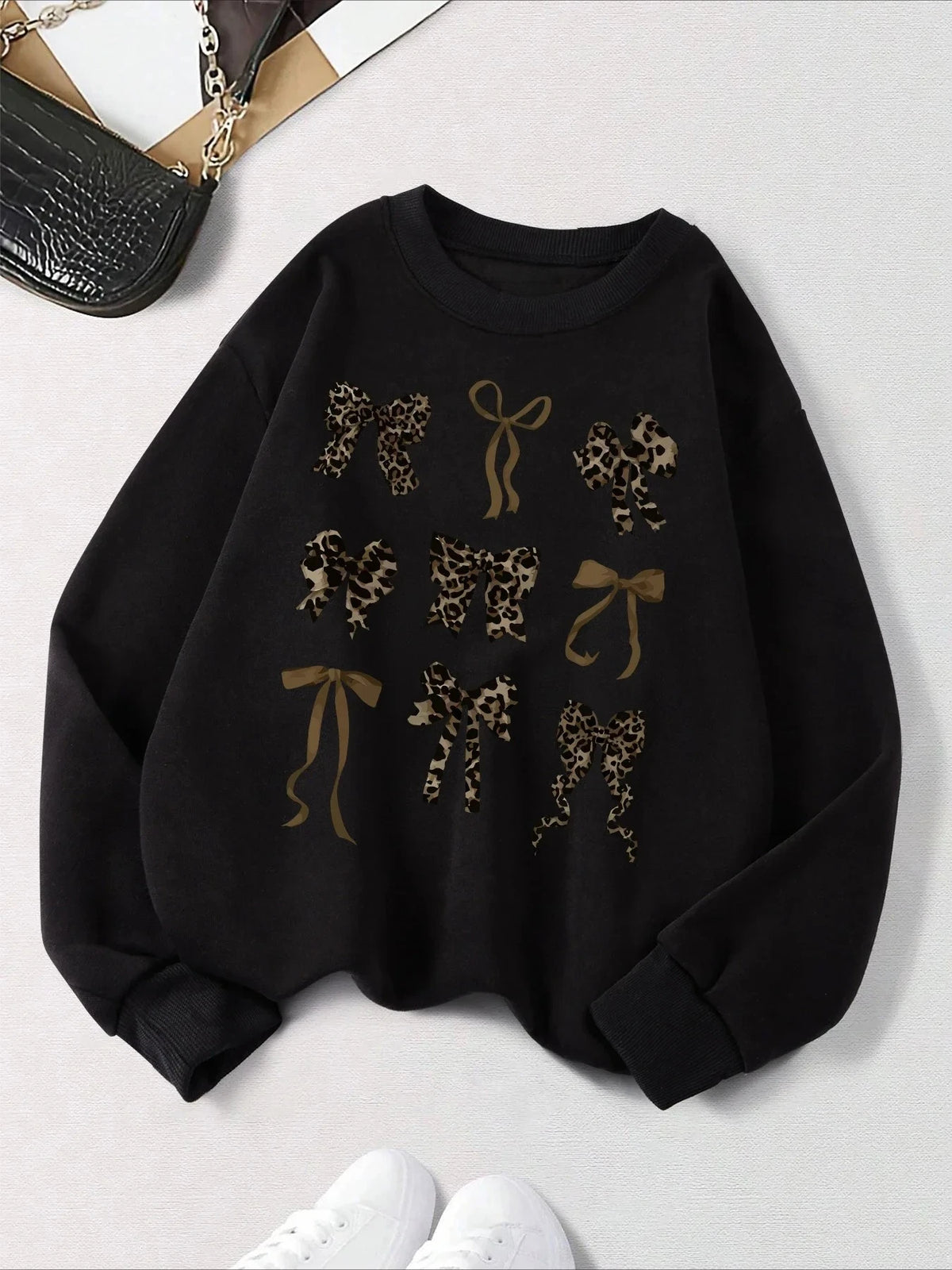 Retro Leopard & Bow Print Drop Shoulder Pullover Sweatshirt