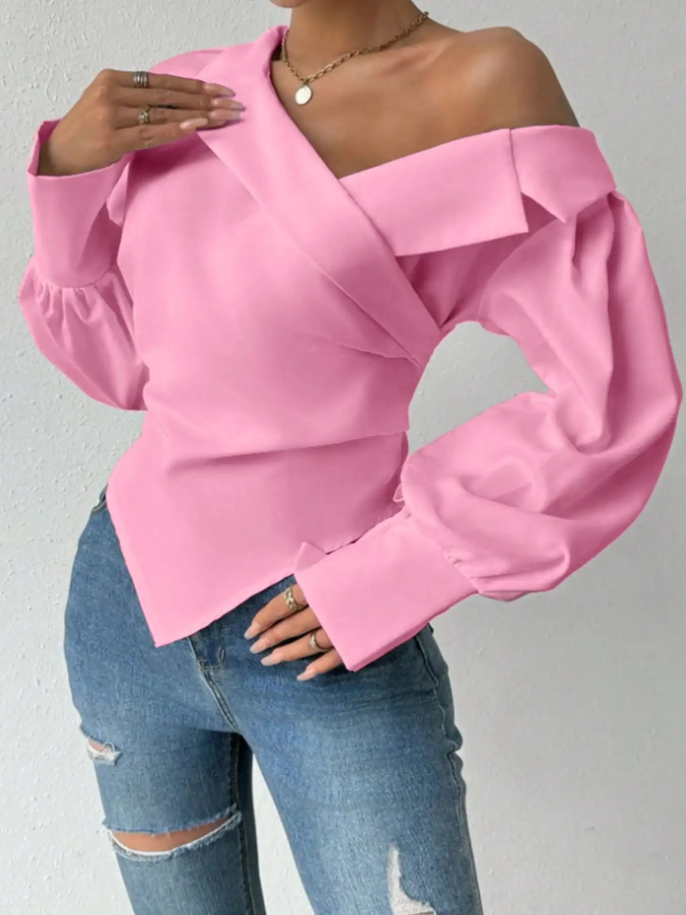 Pink Off Shoulder Cross Front Women's Blouse