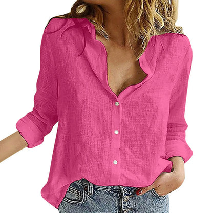 Oversized Linen Cotton Blouse Women's Blouse S-3XL Loose Summer Shirt Turn Down Collar Long Sleeve Solid Color Button Top