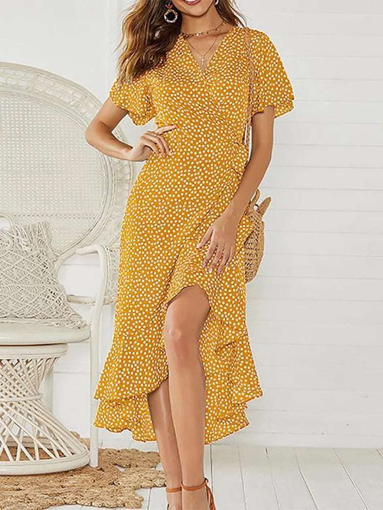 Summer Beach Maxi Dress Women Floral Print Boho Long Chiffon Ruffles Wrap Casual V-Neck Split Sexy Party Robe Femme - The Eggy's store